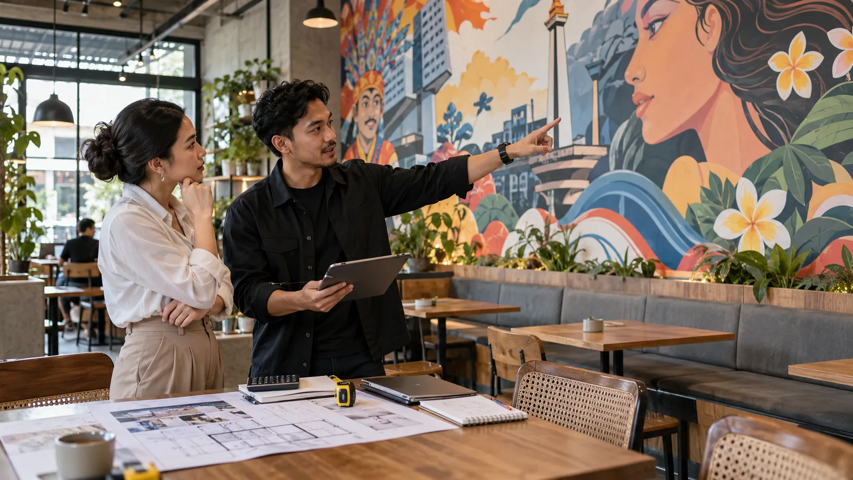 Konsultasi desain dan estimasi biaya mural antara pemilik kafe dan konsultan mural dengan latar mural bergaya Jakarta