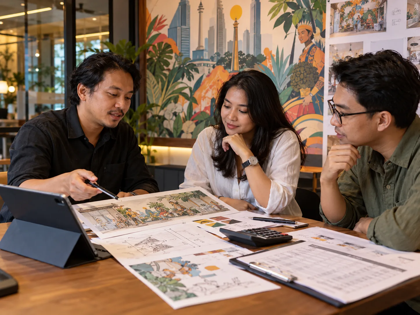 Konsultan mural dan calon pelanggan Indonesia membahas contoh desain, ukuran dinding, dan rincian anggaran di ruang studio
