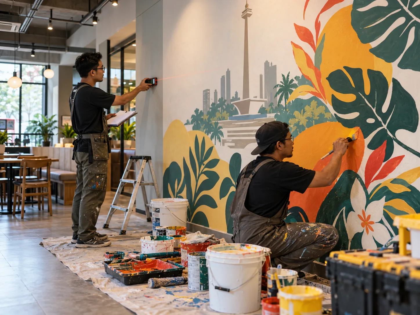 Dua seniman mural Indonesia mengukur luas dinding dan melukis mural dengan alat serta perlengkapan profesional